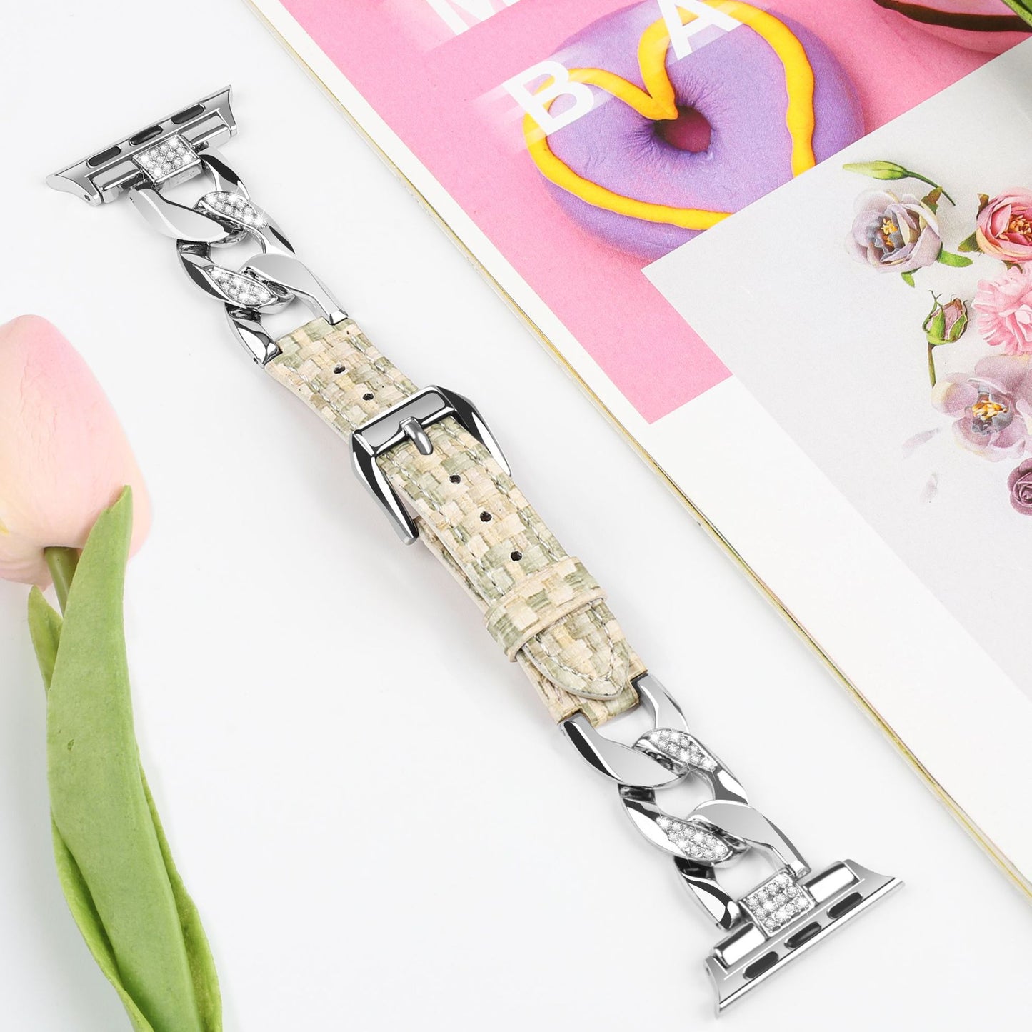 Stainless Steel Denim Chain Leather Band For Apple Watch